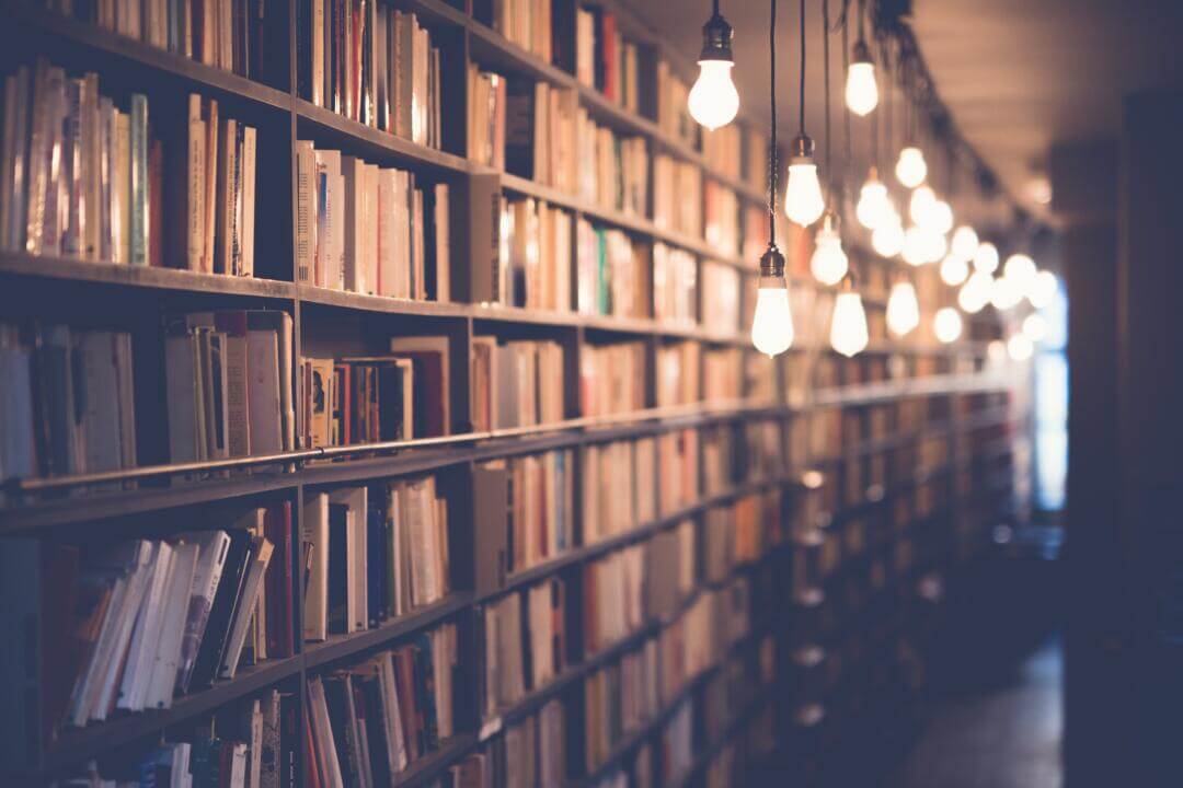 shelving of magazines and books in a dark space only lite up by a few hanging Edison bulbs