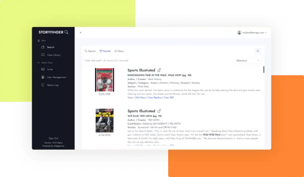 A search interface for finding sports stories within a large digital archive, demonstrating the capabilities of our publisher support platform.