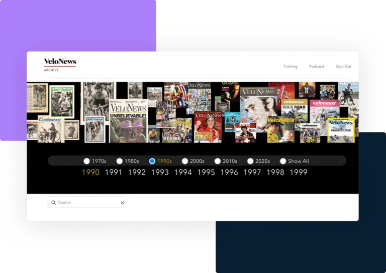 A collage of VeloNews magazine covers over the years, showcasing the comprehensive archive available in our digital collection.