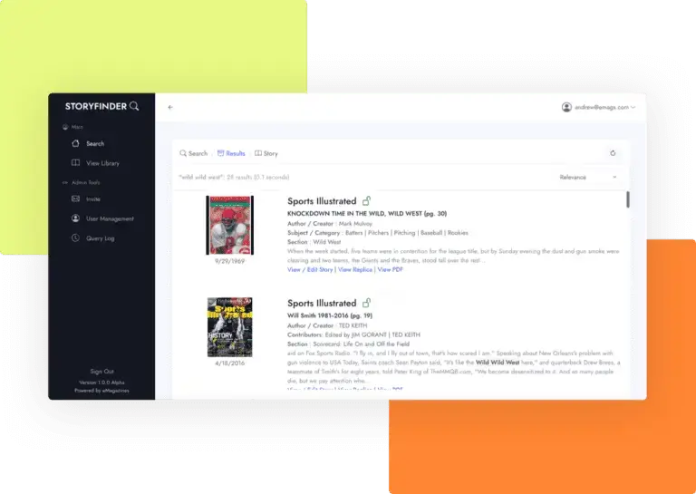 A search interface for finding sports stories within a large digital archive, demonstrating the capabilities of our publisher support platform.