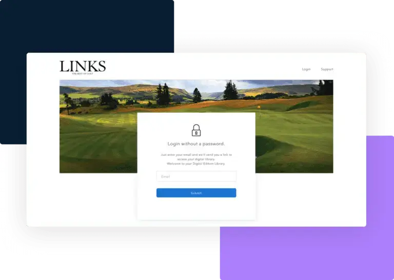 A serene golf course view with a login prompt for LINKS Magazine, highlighting exclusive golf content access.