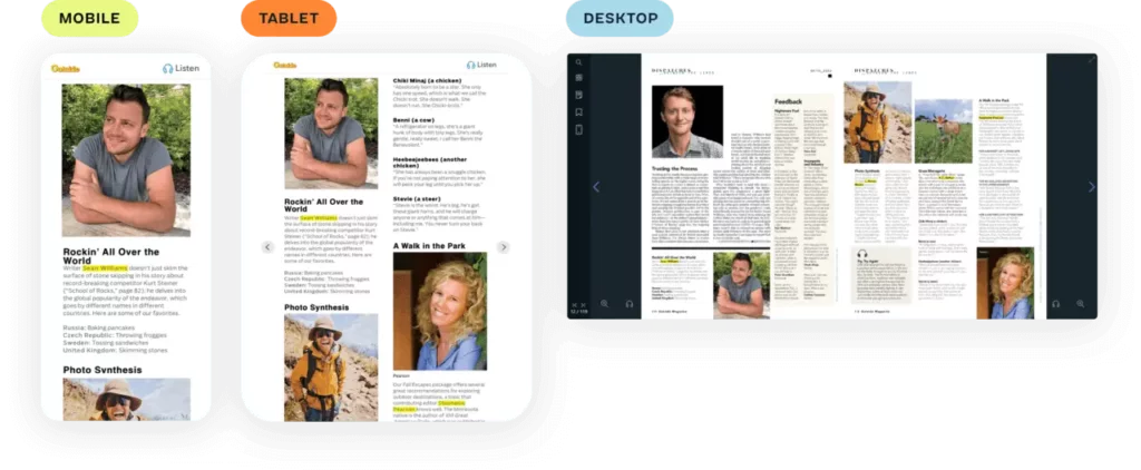 Side-by-side display of a magazine article on mobile, tablet, and desktop, demonstrating a responsive reader for publishers.