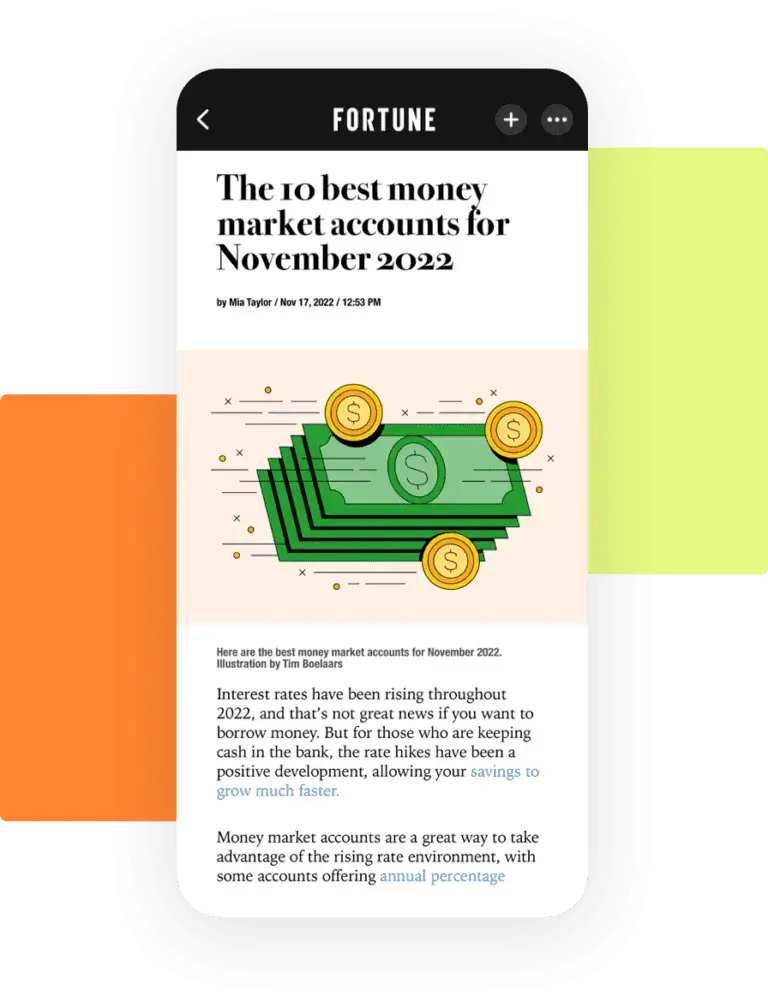 A mobile screen displaying an article about the best money market accounts on FORTUNE magazine, supported by eMagazines' Apple News+ production service.