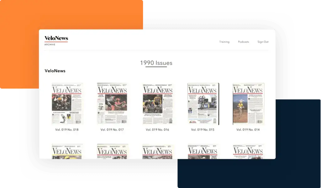 Web page view of VeloNews magazine archives from 1990, available for readers through our digital content licensing platform.