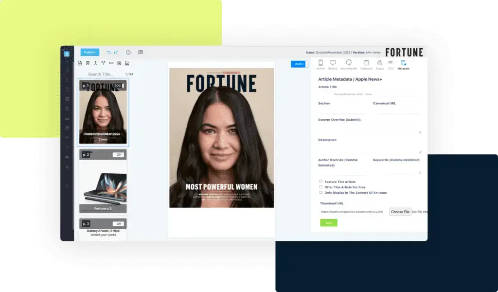 Screenshot of Fortune Magazine's cover on a digital editing platform, highlighting the ease of content curation and management.