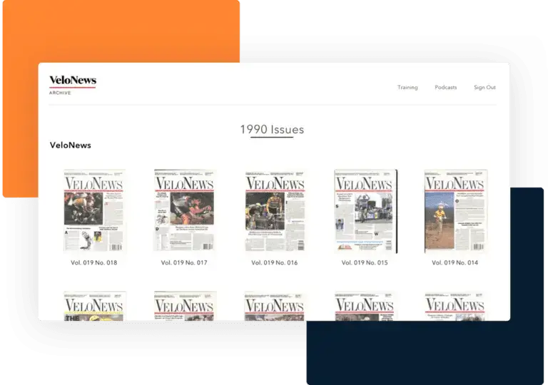 Web page view of VeloNews magazine archives from 1990, available for readers through our digital content licensing platform.