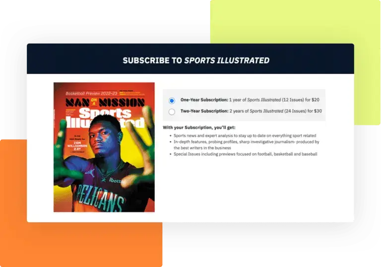 A vibrant subscription order page for Sports Illustrated, showcasing the custom landing page service for enhanced subscriber acquisition.