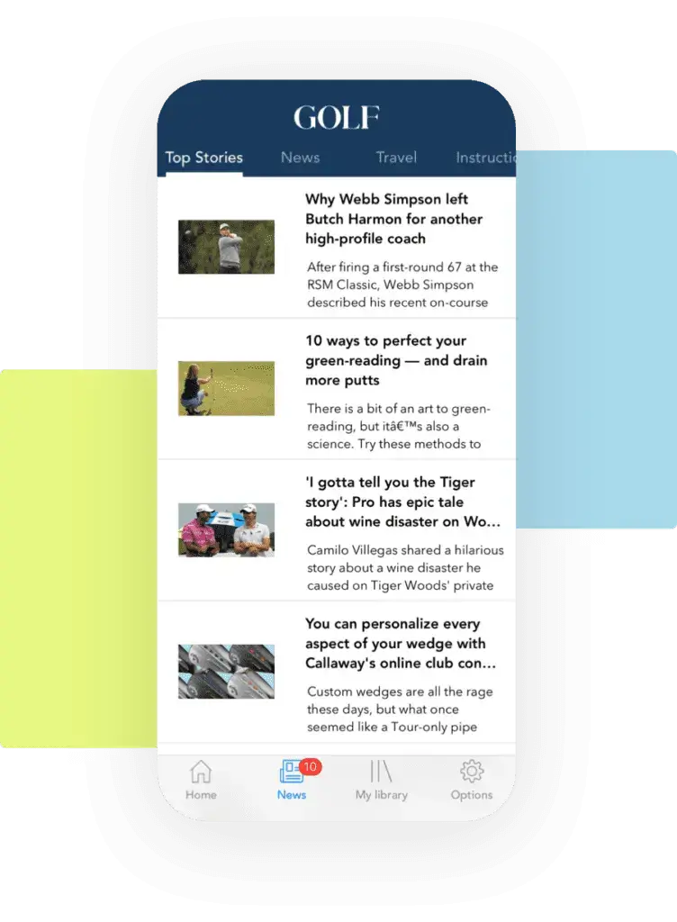 Screenshot of the GOLF magazine app interface, showcasing a publisher’s option for digital content delivery.