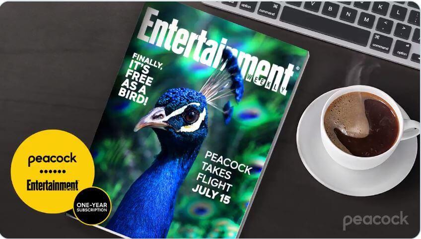 Entertainment Weekly displayed on desk with Peacock free-a-thon giveaway