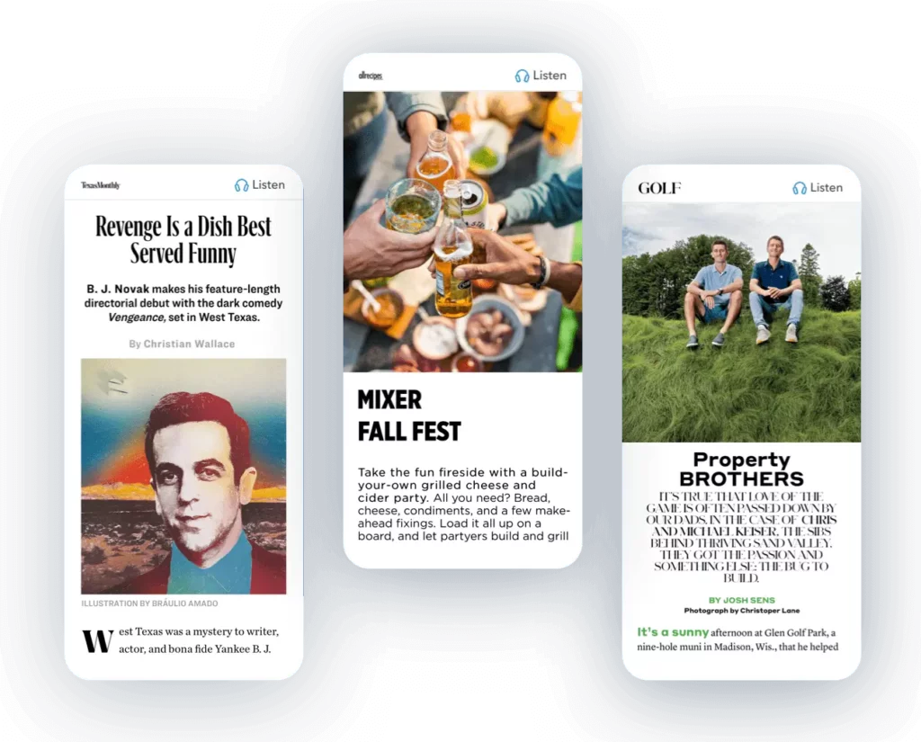 A collage featuring B.J. Novak, a fall-themed food mixer, and the Property Brothers on a golf course, highlighting the variety in our mobile-optimized digital editions.