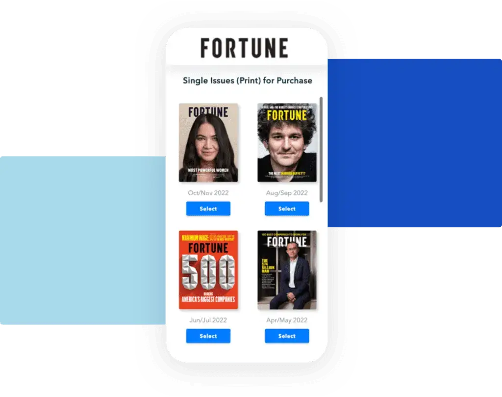 A display of Fortune Magazine covers on a digital storefront, showcasing our advanced landing page system for publishers to boost subscriptions and sales.