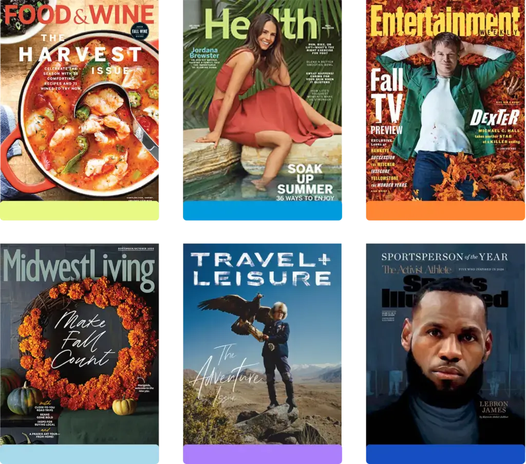 A collage of magazine covers showcasing a range of topics including food, wellness, entertainment, and sports personalities.
