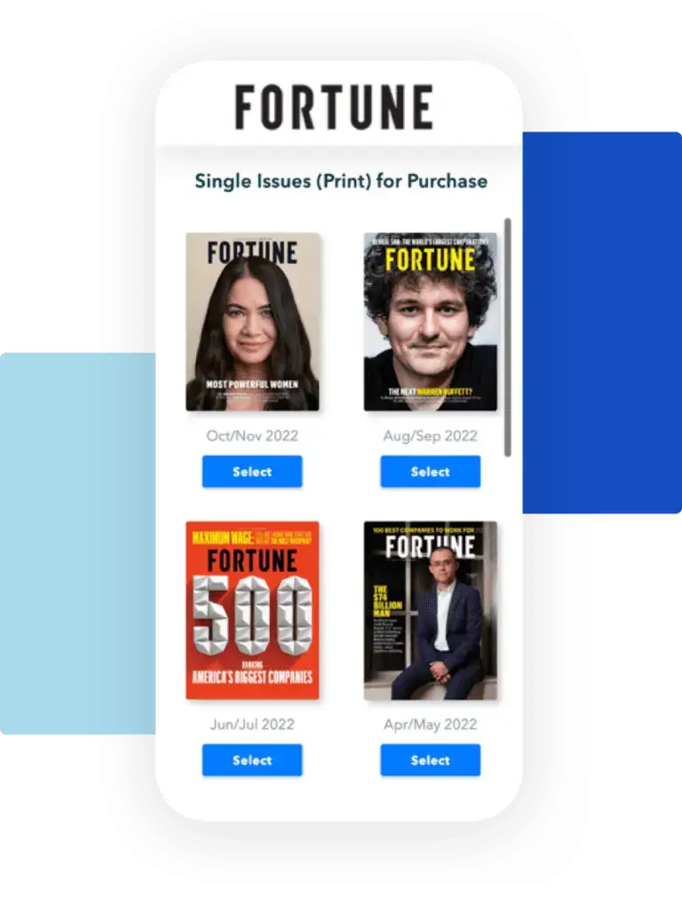 A display of Fortune Magazine covers on a digital storefront, showcasing our advanced landing page system for publishers to boost subscriptions and sales.