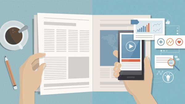 Man reading a magazine and viewing augmented reality content and news on a page using a smartphone, technology and communication concept