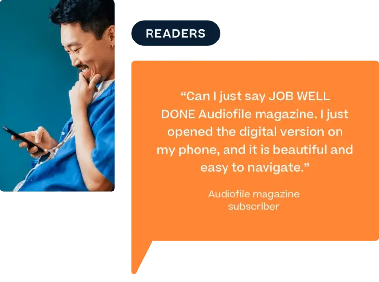 Contented reader appreciating the digital version of "Audiofile" magazine, exemplifying our platform's commitment to optimizing content for readers.