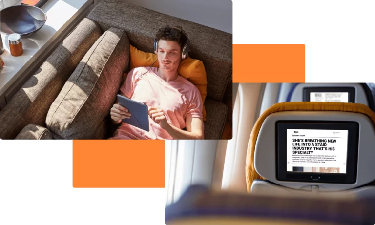 Man lounging on a sofa with headphones, engrossed in a tablet, juxtaposed with an airplane seat-back screen displaying a business article.