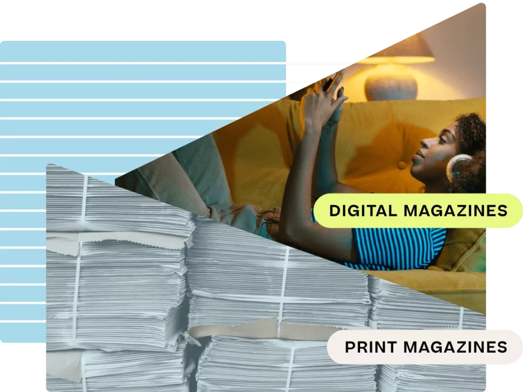 Woman with headphones reading a digital tablet juxtaposed with stacked print magazines.