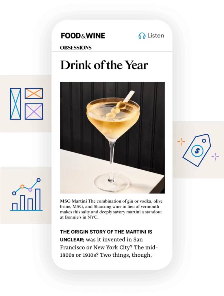 Screenshot of a FOOD & WINE mobile magazine article featuring the 'Drink of the Year', a martini, surrounded by icons indicating messaging, analytics, content creation, and pricing functionalities.