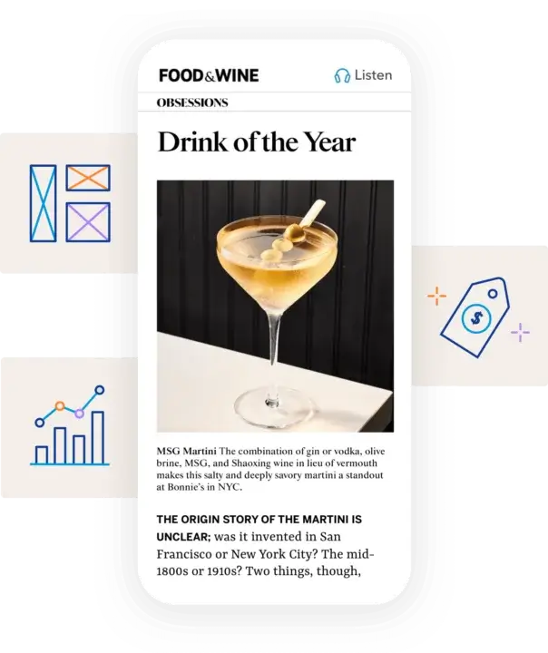 Screenshot of a FOOD & WINE mobile magazine article featuring the 'Drink of the Year', a martini, surrounded by icons indicating messaging, analytics, content creation, and pricing functionalities.