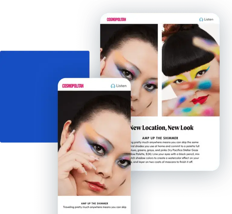Vivid makeup tutorial on Cosmopolitan's mobile-optimized digital interface, highlighting the interactivity of modern e-magazines.