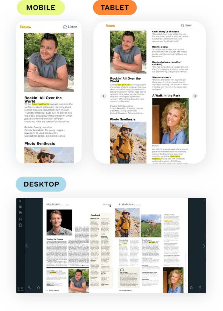 Side-by-side display of a magazine article on mobile, tablet, and desktop, demonstrating a responsive reader for publishers.