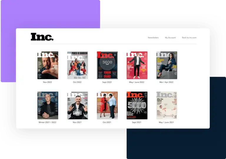 Digital library display of Inc. magazine, showcasing a collection of current and past issues available for subscribers, managed by eMagazines.