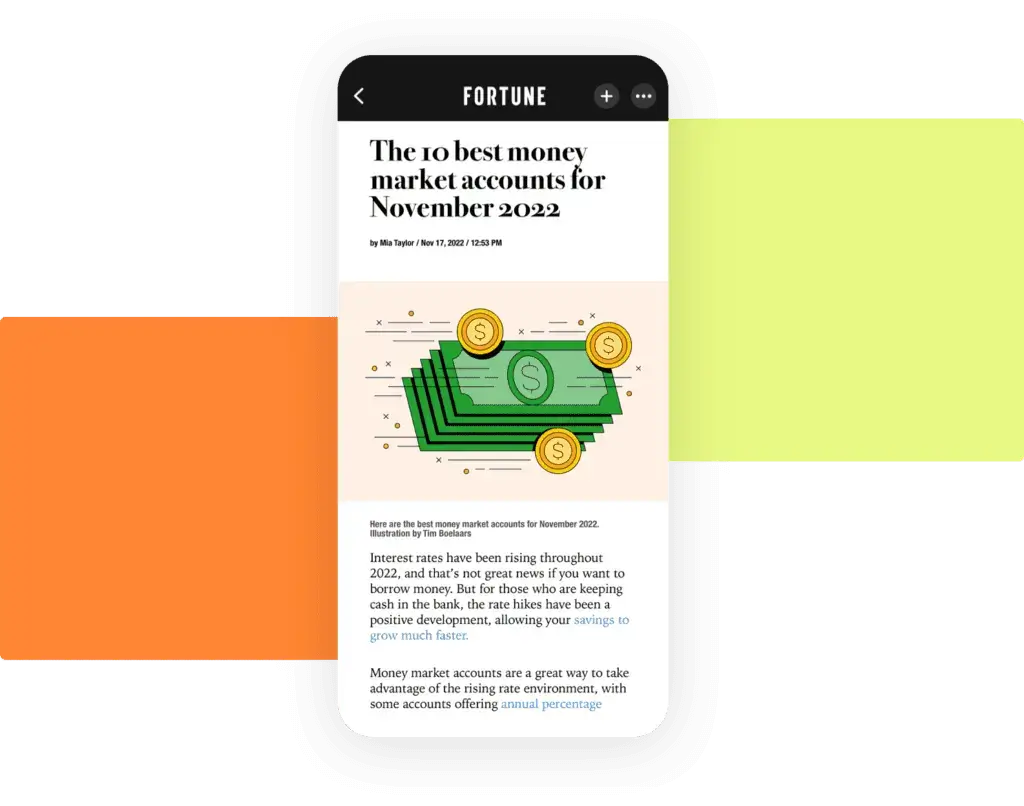 A mobile screen displaying an article about the best money market accounts on FORTUNE magazine, supported by eMagazines' Apple News+ production service.