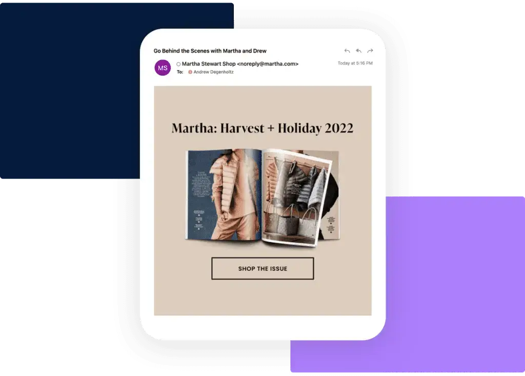 An email promotion showcasing Martha Stewart's Harvest + Holiday 2022 magazine issue, offered through our digital content service.