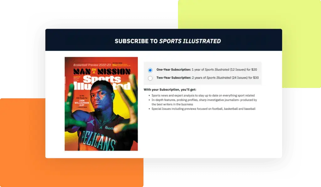 A vibrant subscription order page for Sports Illustrated, showcasing the custom landing page service for enhanced subscriber acquisition.
