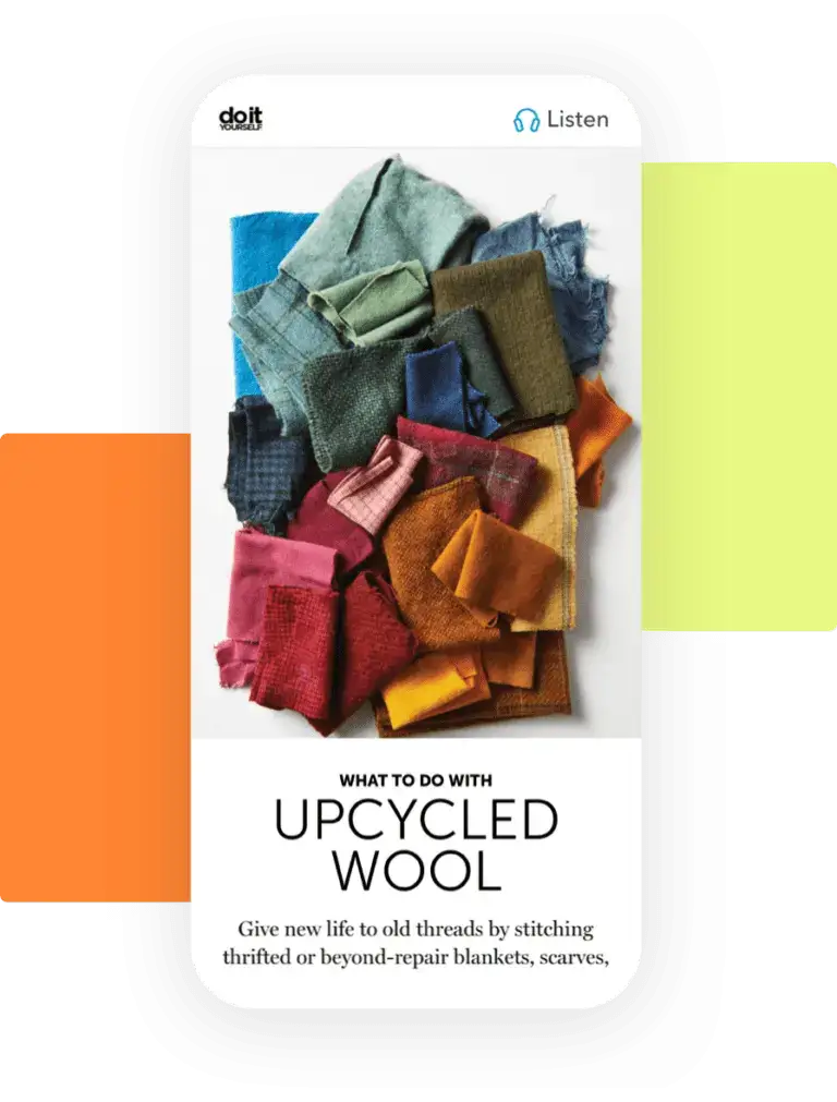 A colorful spread of upcycled wool fabrics featured in a digital magazine article, accessible on our eco-conscious content platform.