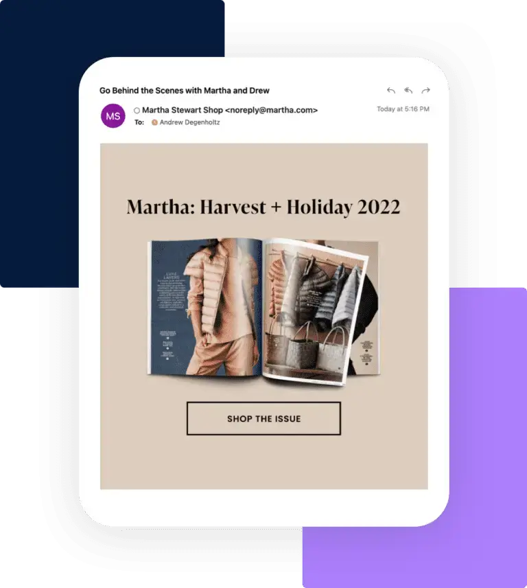 An email promotion showcasing Martha Stewart's Harvest + Holiday 2022 magazine issue, offered through our digital content service.