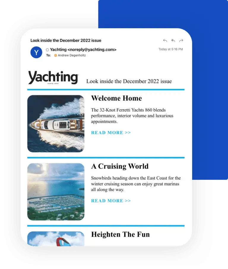 Preview of a Yachting magazine digital issue email notification, showcasing eMagazines' full-service distribution for publishers.